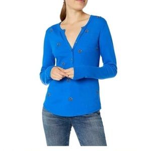 Lucky Brand All Over Floral Embroidered Blue Thermal Long Sleeve Top, Large